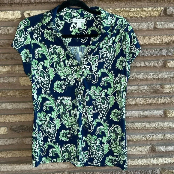 Charter Club Blue Green Scroll Pattern Jersey Knit Short Sleeve Top Size Small - Picture 1 of 7